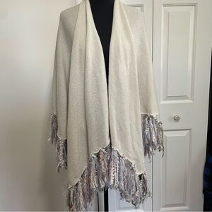 Betsey Johnson Off White Pink Blue Fringe Tassel Shawl Wrap OS